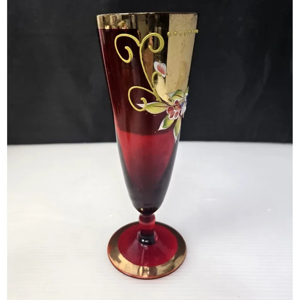 Venetian Ruby Red Wine Glass Vase Gold Gilt Enamel Floral Design Pedestal 7.25" - Picture 4 of 12